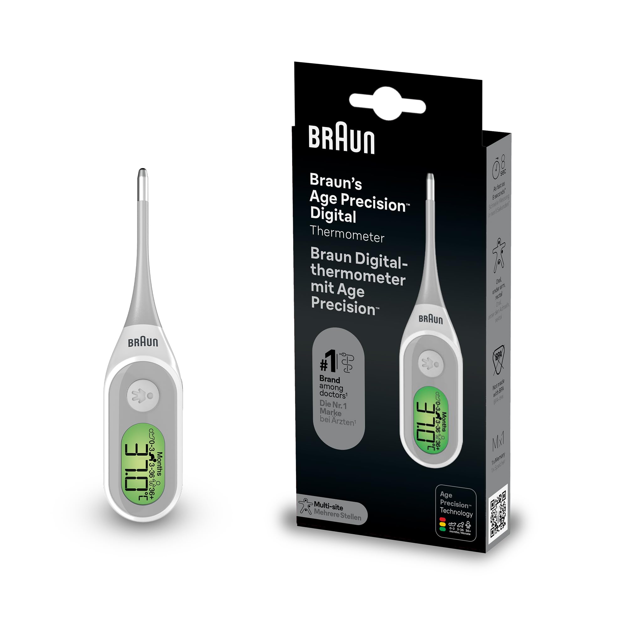 Braun Age Precision Digital Thermometer Stick for Multi-Site Use, Oral, Rectal or Underarm, Suitable for Babies and Children, Brand #1 among Doctors 1, PRT2000