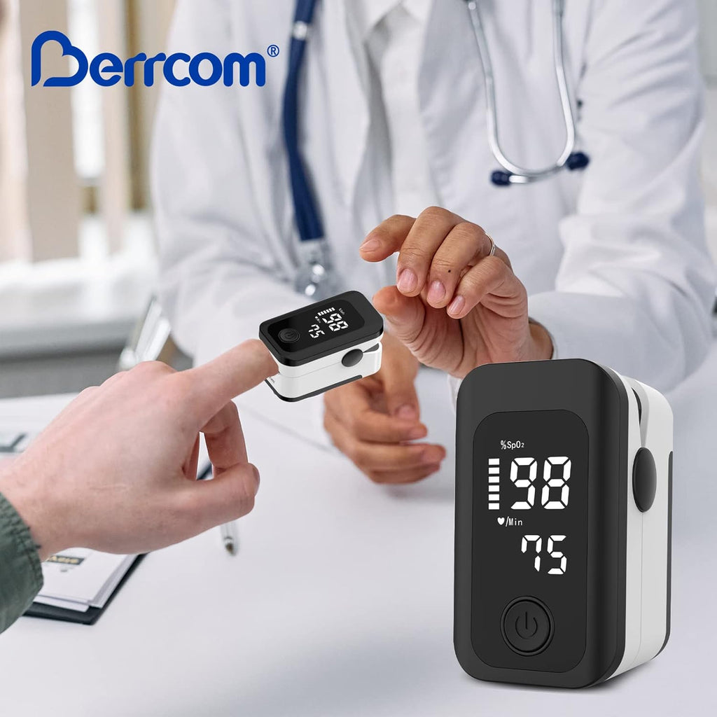 Berrcom Professional Finger Pulse Oximeter Saturation Oximeter Accurate Measurement of Blood Oxygen Saturation with Alarm Function, OLED Screen for All People with Batteries Included