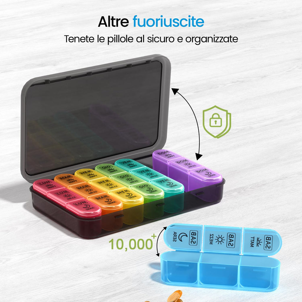 7 Day Weekly Pill Box with 3 Compartments for Morning, Afternoon and Evening, Easy Open Design, Ideal for Medications, Vitamins, Fish Oil and Supplements - Black