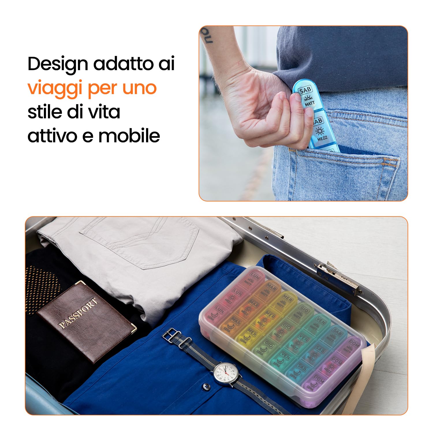 7 Day Weekly Pill Box with 3 Compartments for Morning, Afternoon and Evening, Easy Open Design, Ideal for Medications, Vitamins, Fish Oil and Supplements - Black