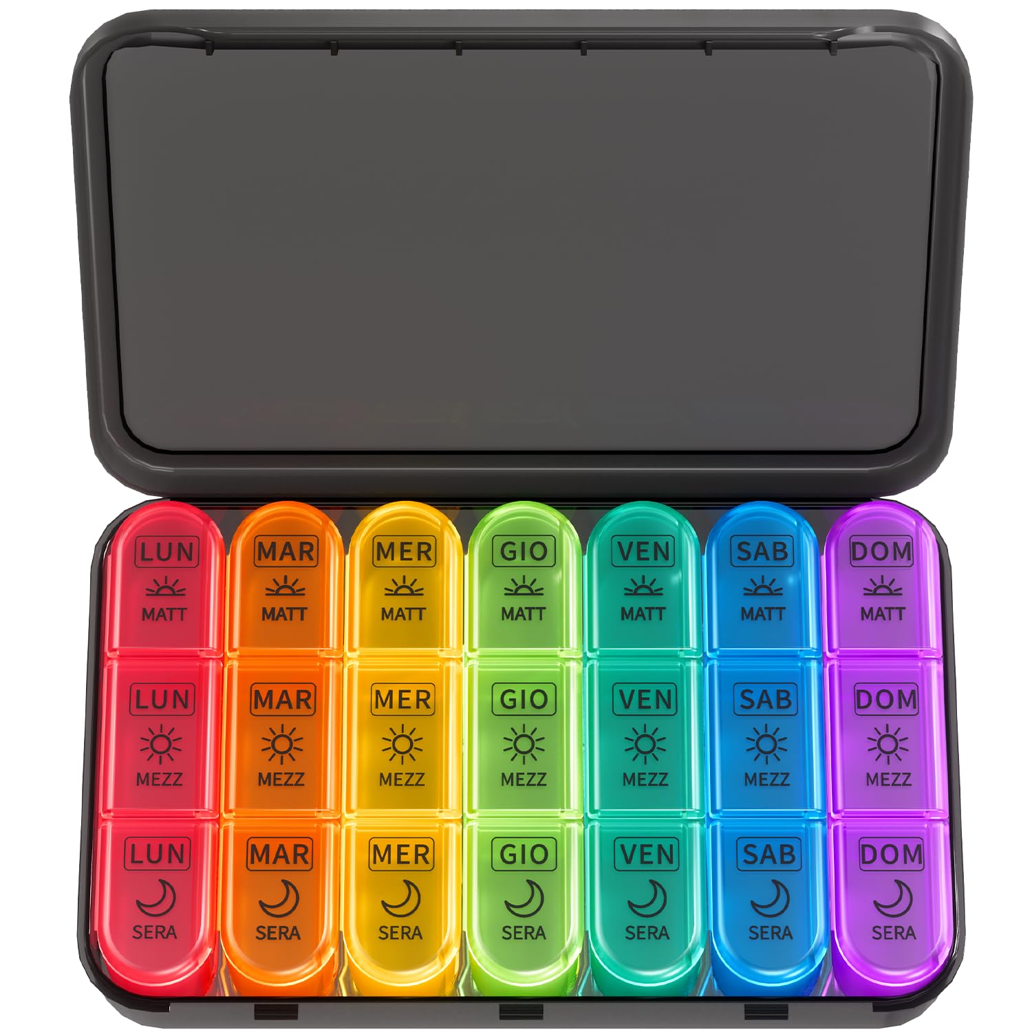 7 Day Weekly Pill Box with 3 Compartments for Morning, Afternoon and Evening, Easy Open Design, Ideal for Medications, Vitamins, Fish Oil and Supplements - Black