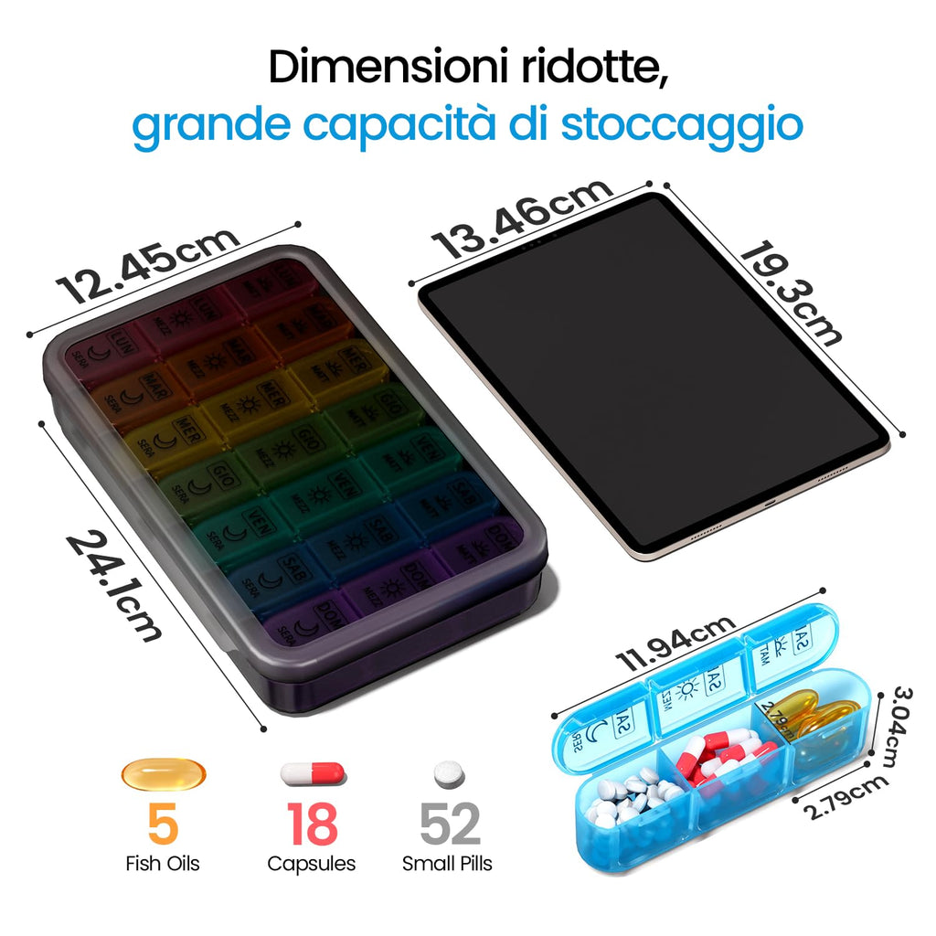 7 Day Weekly Pill Box with 3 Compartments for Morning, Afternoon and Evening, Easy Open Design, Ideal for Medications, Vitamins, Fish Oil and Supplements - Black