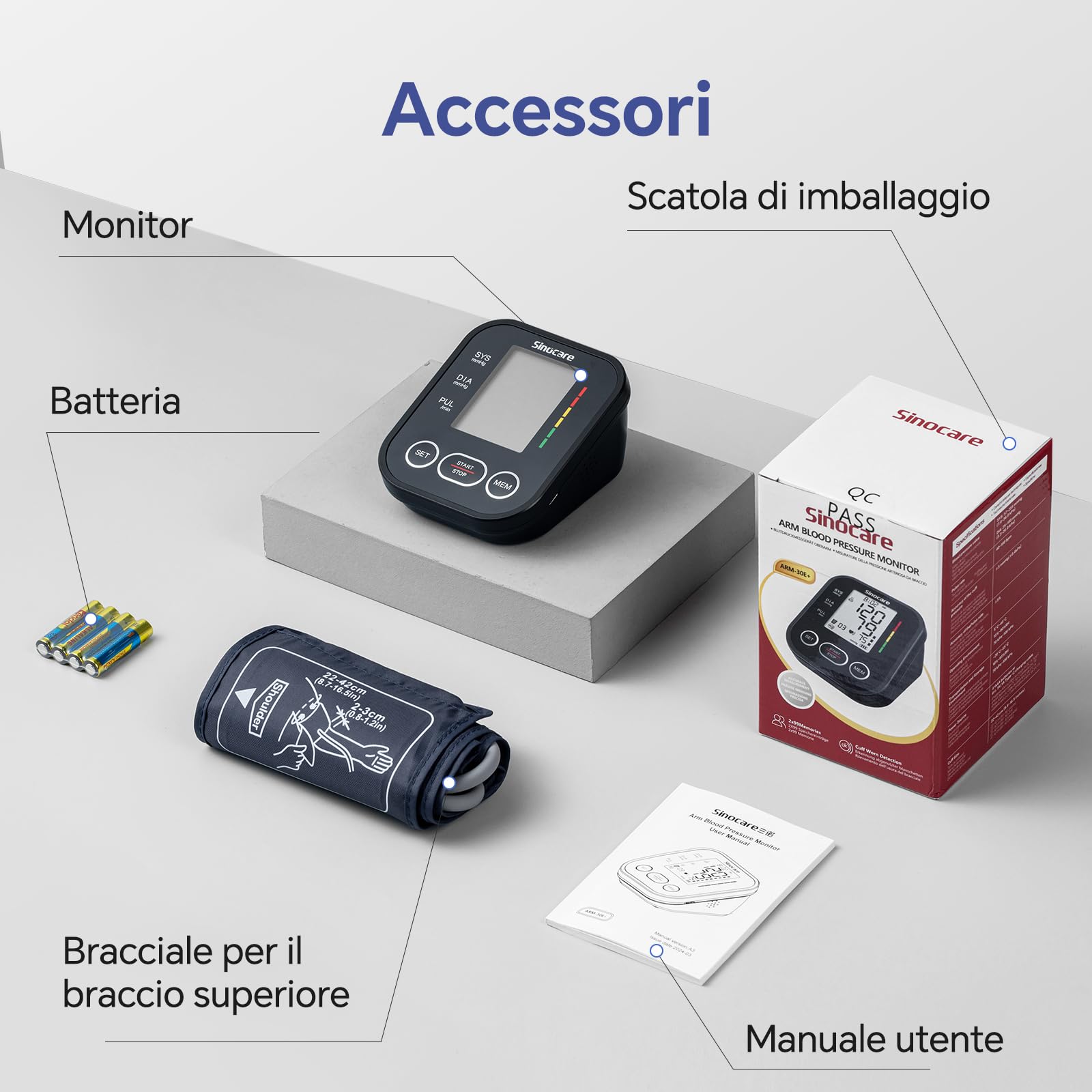 Sinocare Arm Blood Pressure Monitor (22-42 cm) with Risk Indicator, Home Hypertension Monitoring