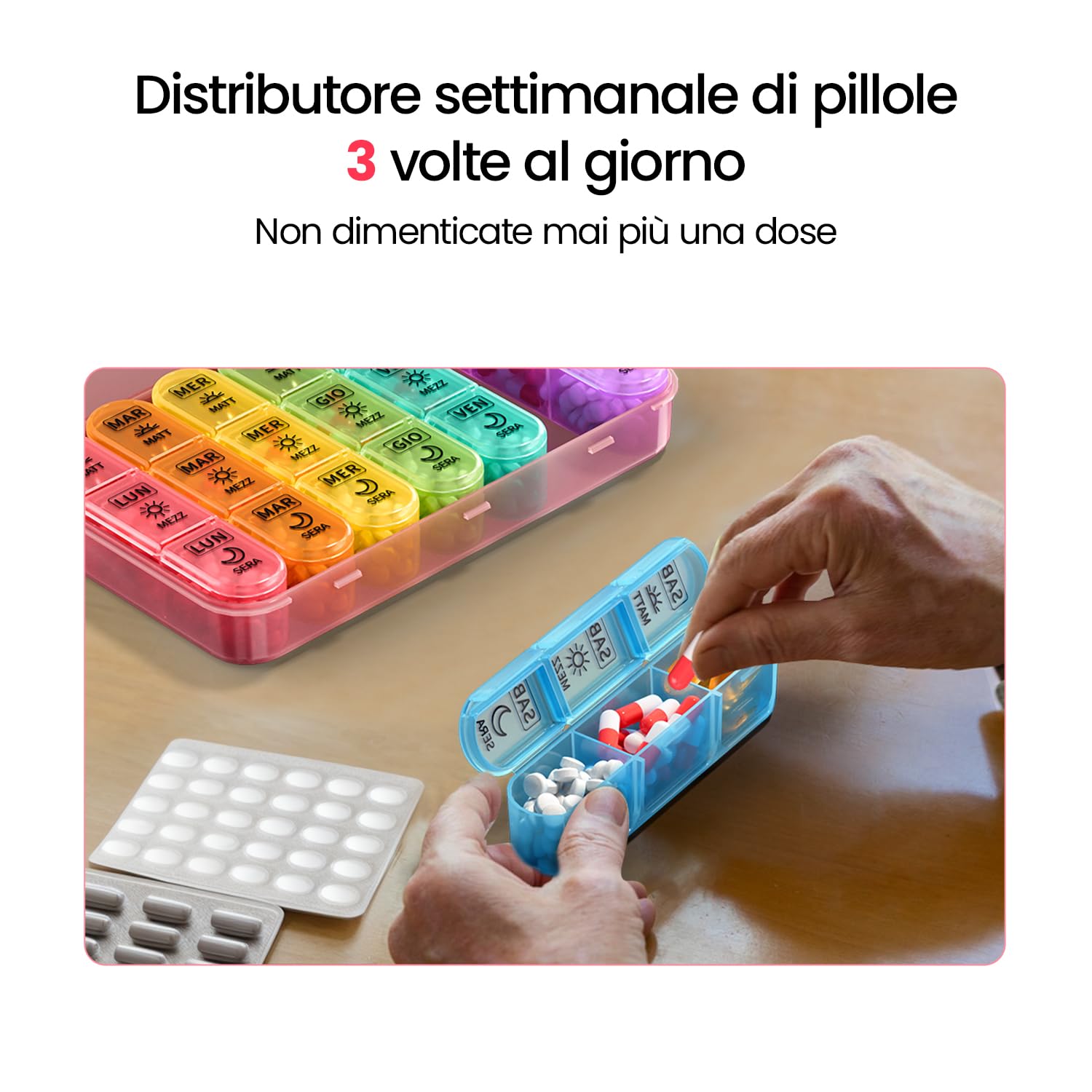 7 Day Weekly Pill Box with 3 Compartments for Morning, Afternoon and Evening, Easy Open Design, Ideal for Medications, Vitamins, Fish Oil and Supplements - Black