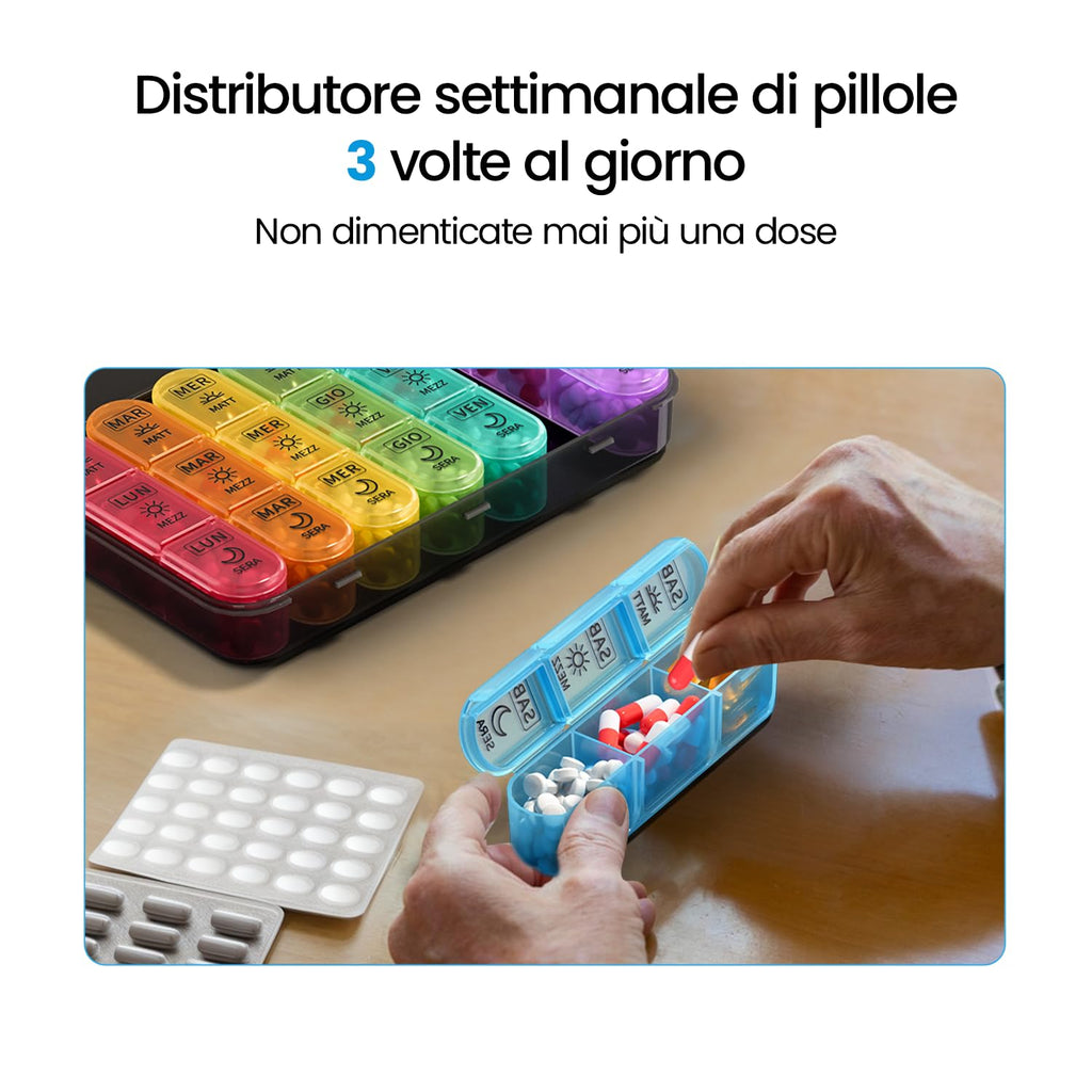 7 Day Weekly Pill Box with 3 Compartments for Morning, Afternoon and Evening, Easy Open Design, Ideal for Medications, Vitamins, Fish Oil and Supplements - Black