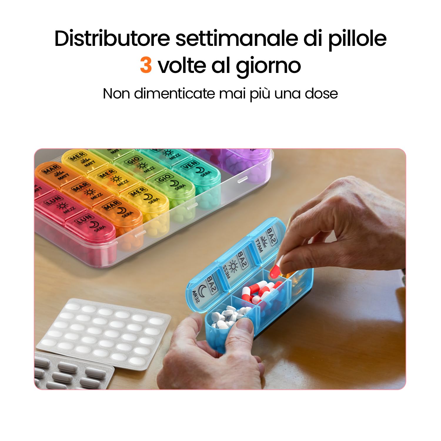 7 Day Weekly Pill Box with 3 Compartments for Morning, Afternoon and Evening, Easy Open Design, Ideal for Medications, Vitamins, Fish Oil and Supplements - Black