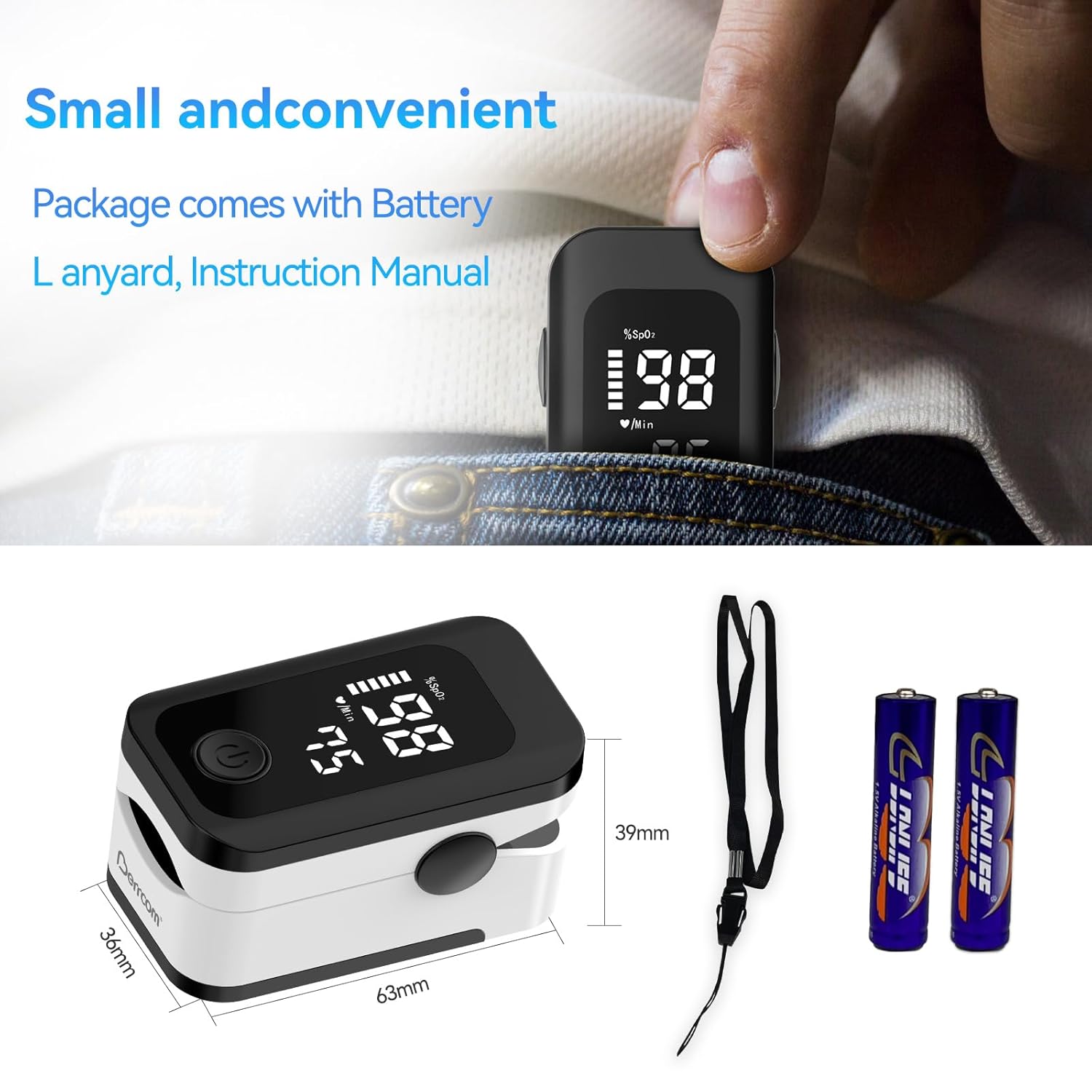 Berrcom Professional Finger Pulse Oximeter Saturation Oximeter Accurate Measurement of Blood Oxygen Saturation with Alarm Function, OLED Screen for All People with Batteries Included
