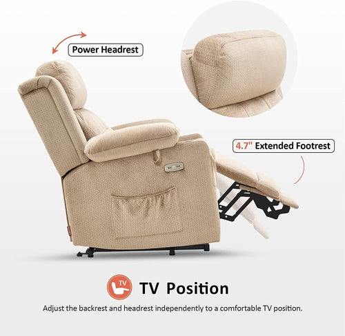 Lay Flat Lift Recliner with Power Headrest, Massage and Heat, Fabric,